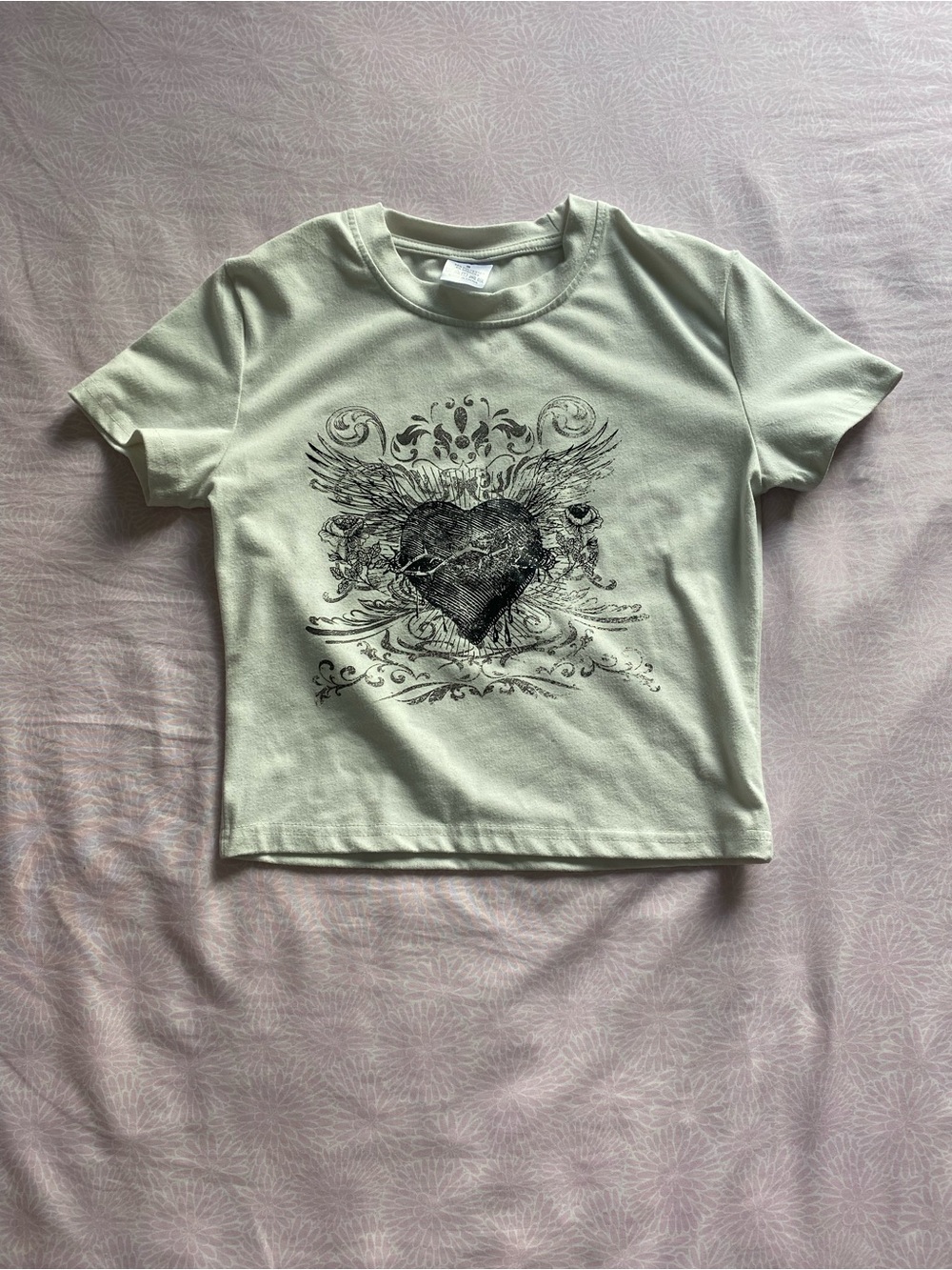 Graphic Heart Wing Crop Tee in Sage Green